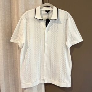 Express White Textured Stripe Cotton Short Sleeve Sweater Polo Retro Size Medium